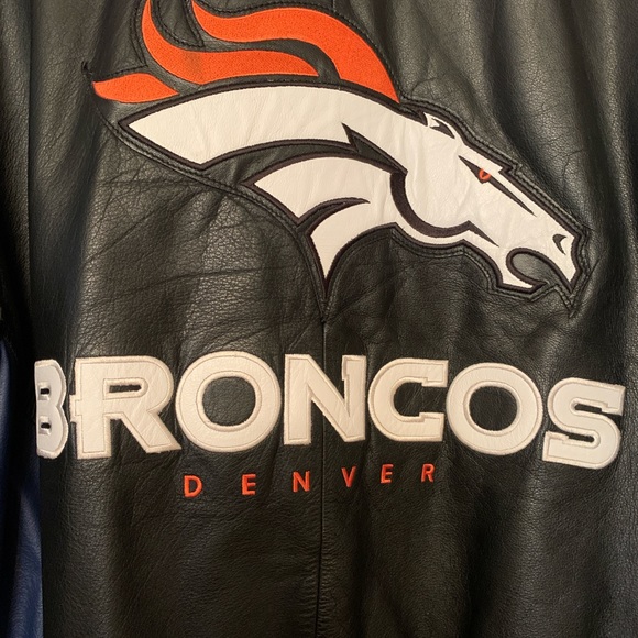 All leather “Denver Broncos” black and navy leather coat, fully lined - Picture 3 of 12